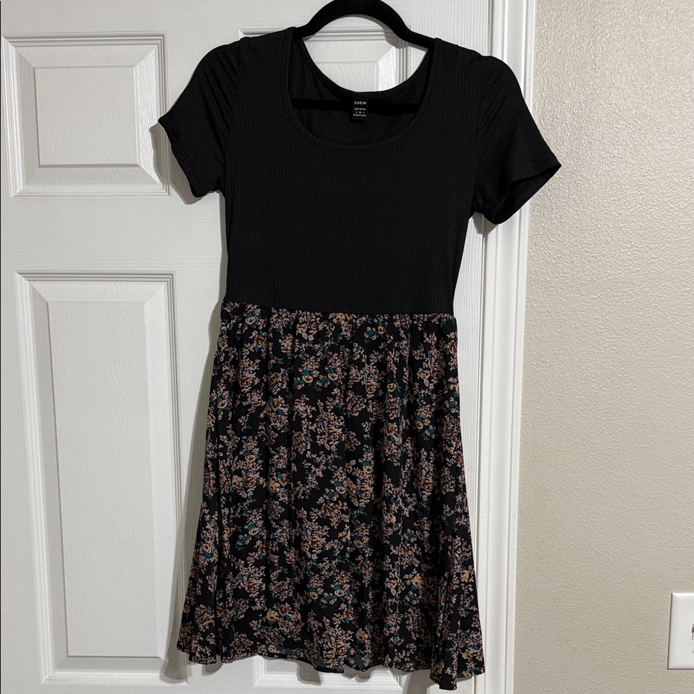 SHEIN Black Ribbed Top Floral Mini Dress with Pink and Green Print